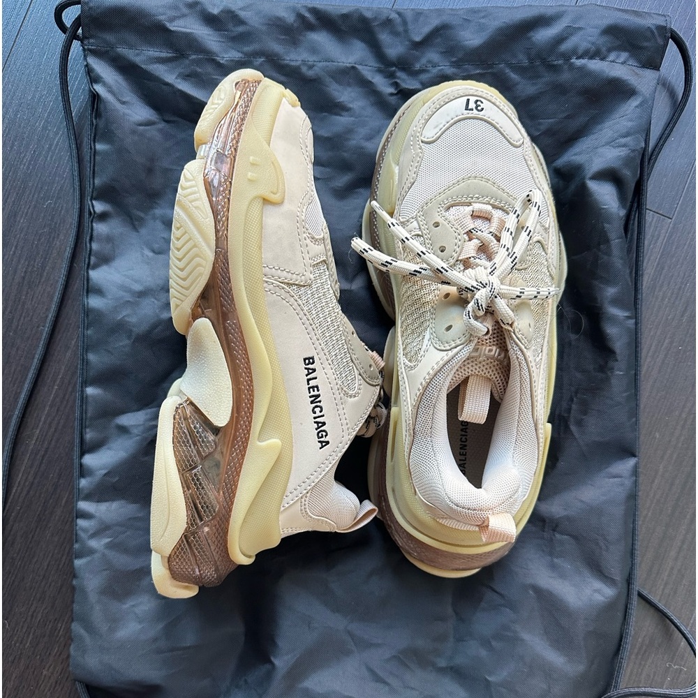 Balenciaga Triple S. Color: Beige/Tan w/ clear sole.